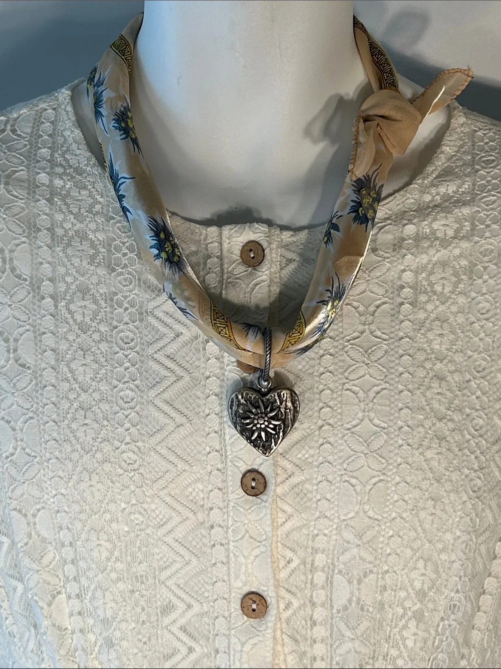 Silky Scarf Antique Silver Heart Pendant Necklace Cottage Western Boho Coquette